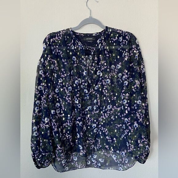 Isabel Marant Mia Silk Blue Midnight Blouse Floral Long Sleeve Size 4 - Picture 8 of 13